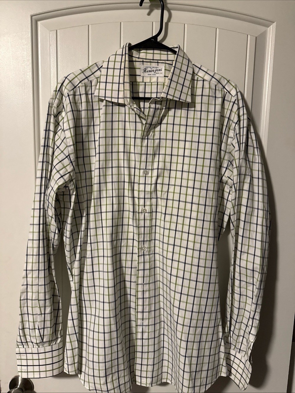 Men’s Hemrajani Bros Shirt white Green & Navy Windowpane Check Made in Japan